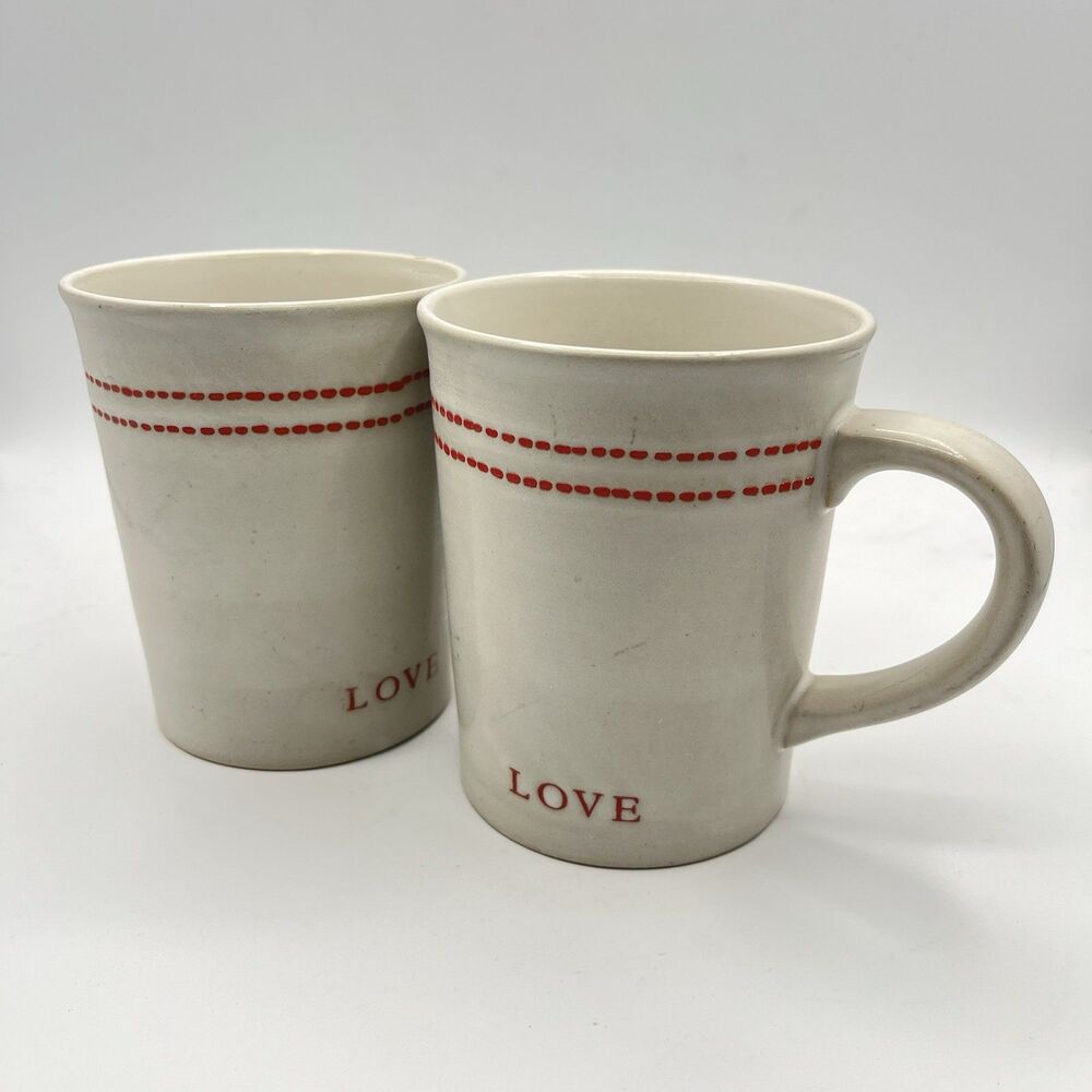 Hearth & Hand Magnolia Red Cross Stitch Heart Love Mugs Rustic Stone Set Of 2